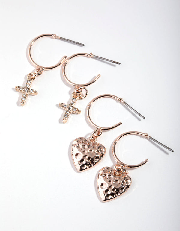 Rose Gold Heart and Cross 2-Pack Hoop Earring