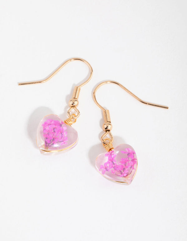 Pink Heart Clear Bead Drop Earrings