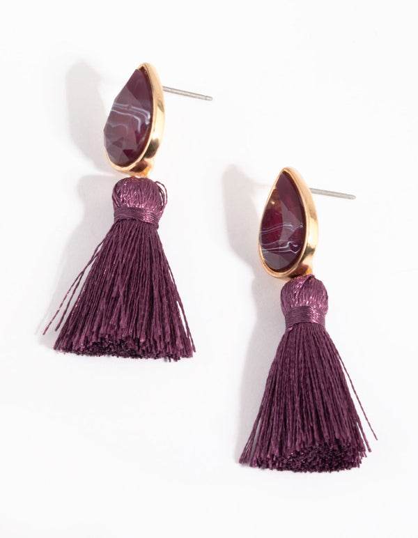 Gold Stone and Tassel Drop Earrings