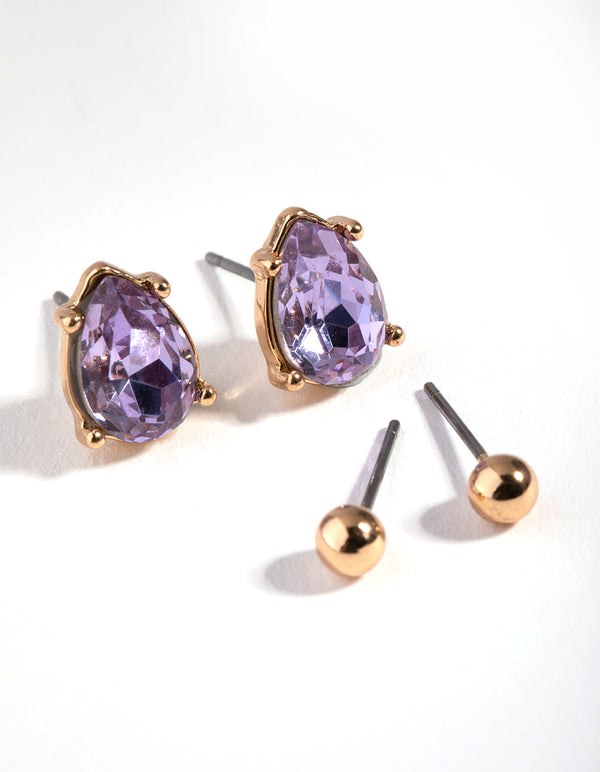Gold Ball and Teardrop Stud Earring Set