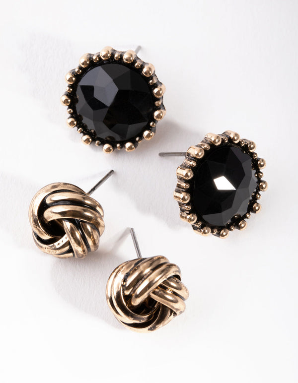 Antique Gold Twist & Facet 2-Pack Stud Earring