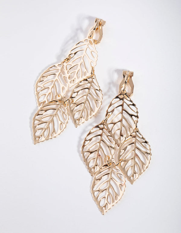 Gold Metal Leaf Clip On Earrings