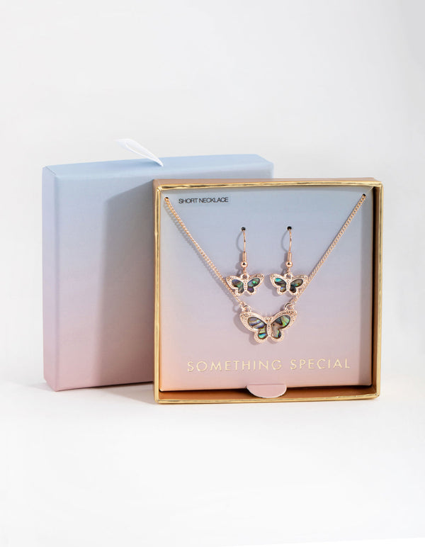Rose Gold Marble Butterfly Earring and Necklace Pack