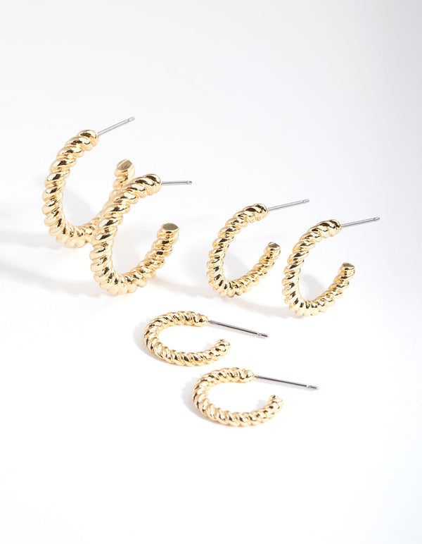 Real Gold Plated Smooth Twist Hoop 3-Pack Earring