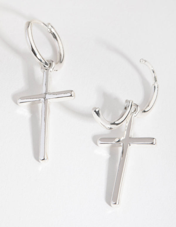 Real Silver Plated Cross Sleeper Earrings