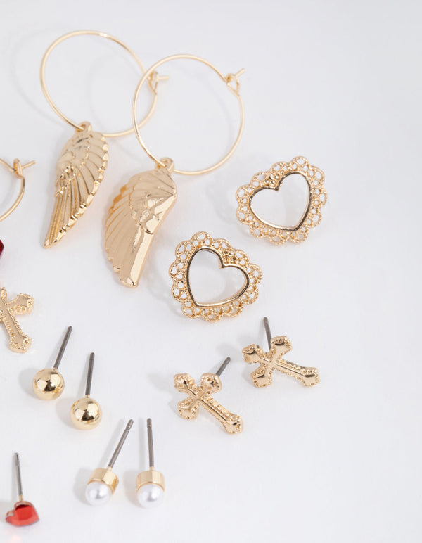 Gold Cross and Wings 8-Pack Earring