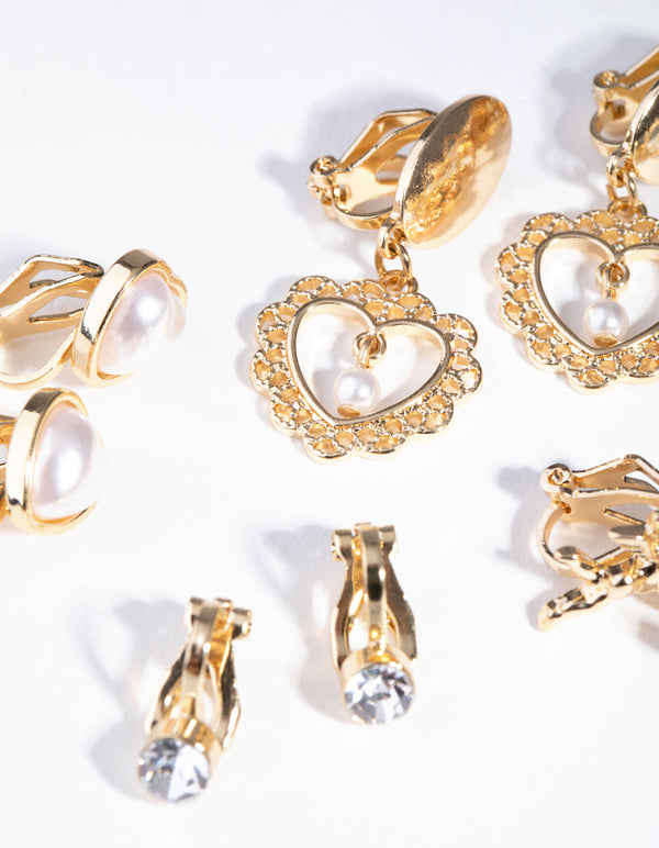 Gold Faux Pearl Heart Clip On 5-Pack Earring