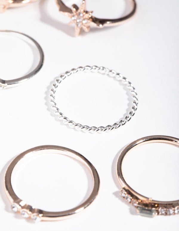 Mixed Metals Diamante Moon Star Rings