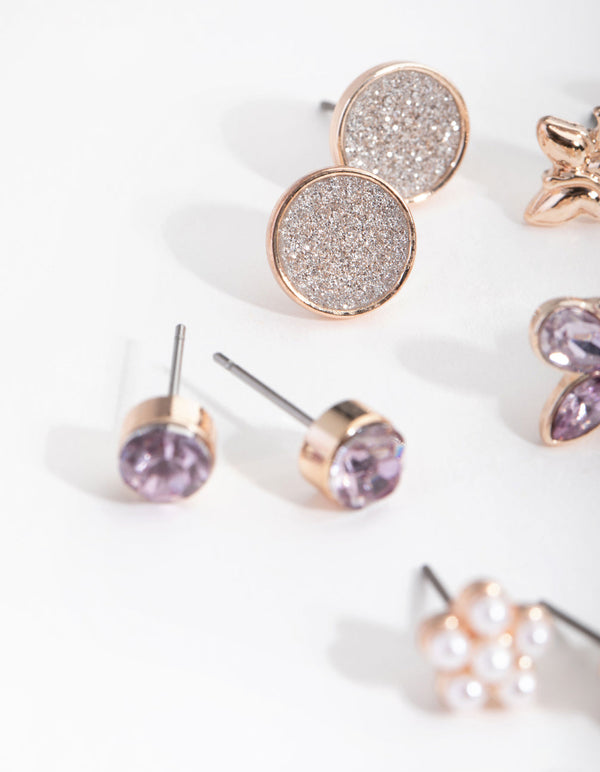 Kids Rose Gold Butterfly and Diamante 6-Pack Earring
