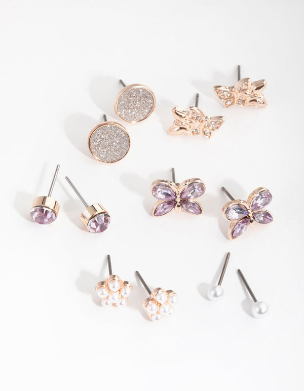 Kids Rose Gold Butterfly and Diamante 6-Pack Earring