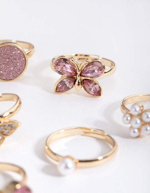 Kids Gold Butterfly and Diamante 6-Pack Rings