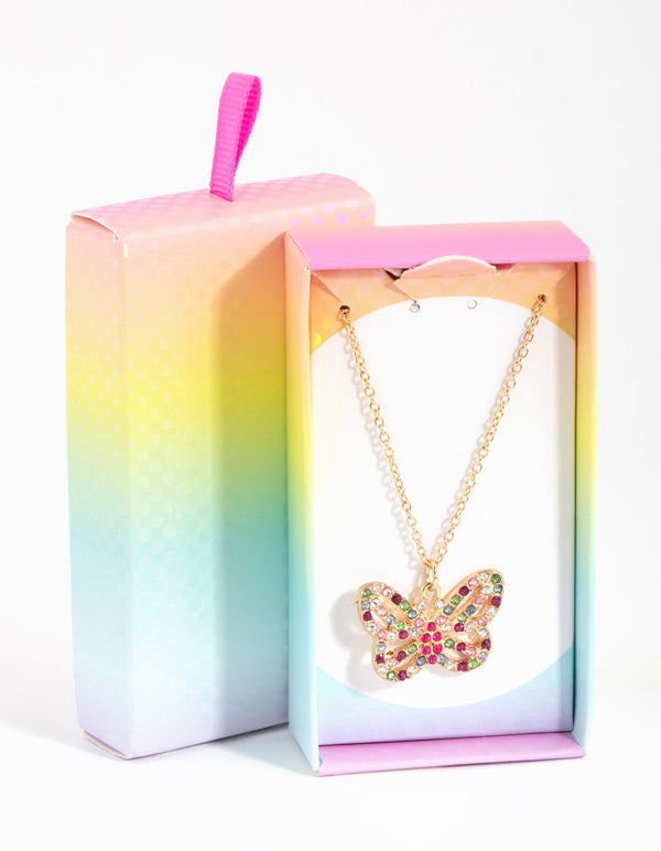 Gold Rainbow Diamante Butterfly Necklace