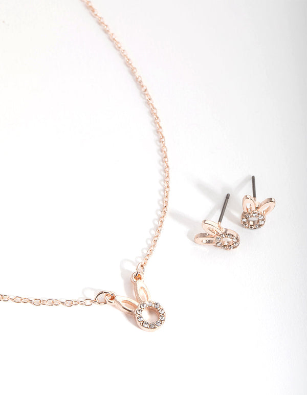 Kids Rose Gold Diamante Bunny Necklace and Earrings