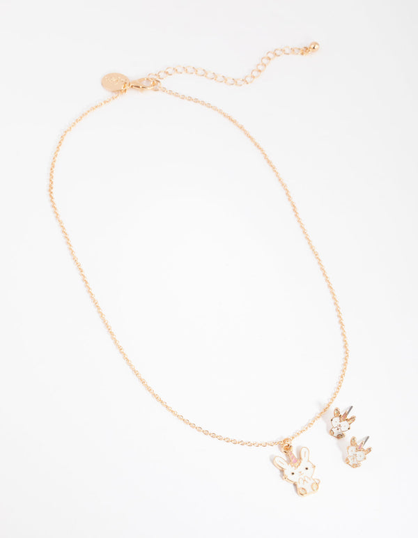 Kids Gold Bunny Necklace and Earrings Set