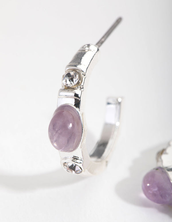 Silver Triple Stone Hoop Earrings