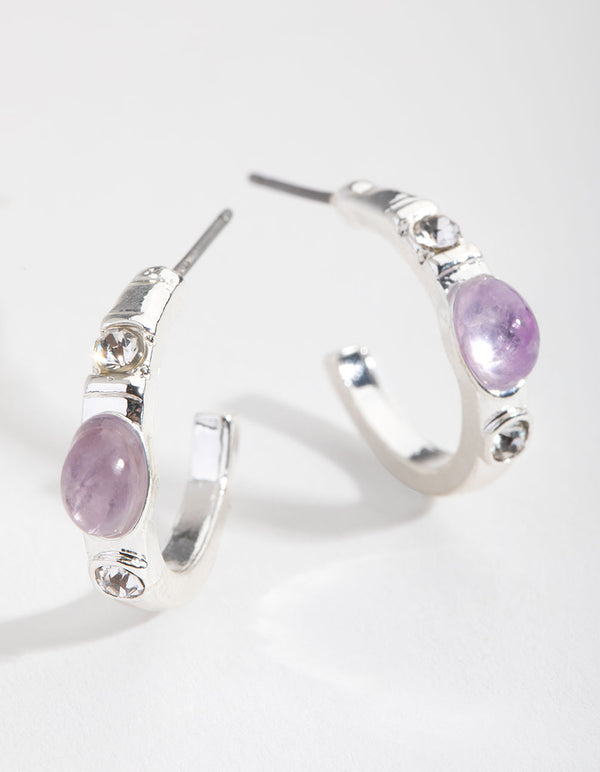 Silver Triple Stone Hoop Earrings