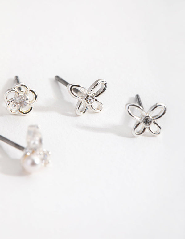 Silver Pretty Flower and Pearl Earrings