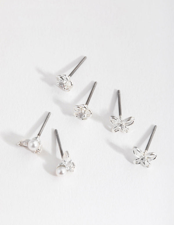 Silver Pretty Flower and Pearl Earrings
