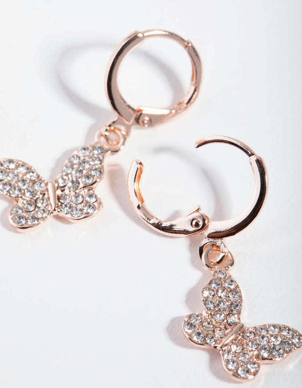 Rose Gold Diamante Butterfly Huggie Earrings