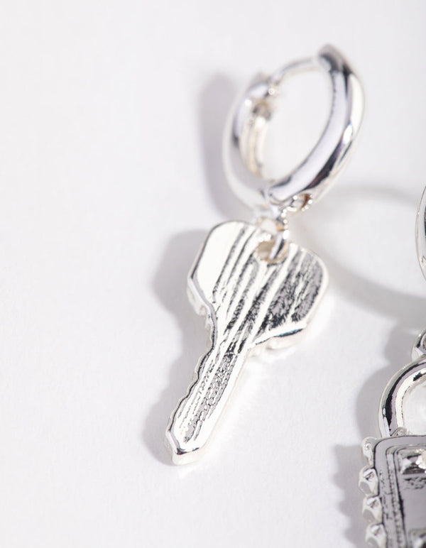 Silver Lock and Key Huggie Earrings