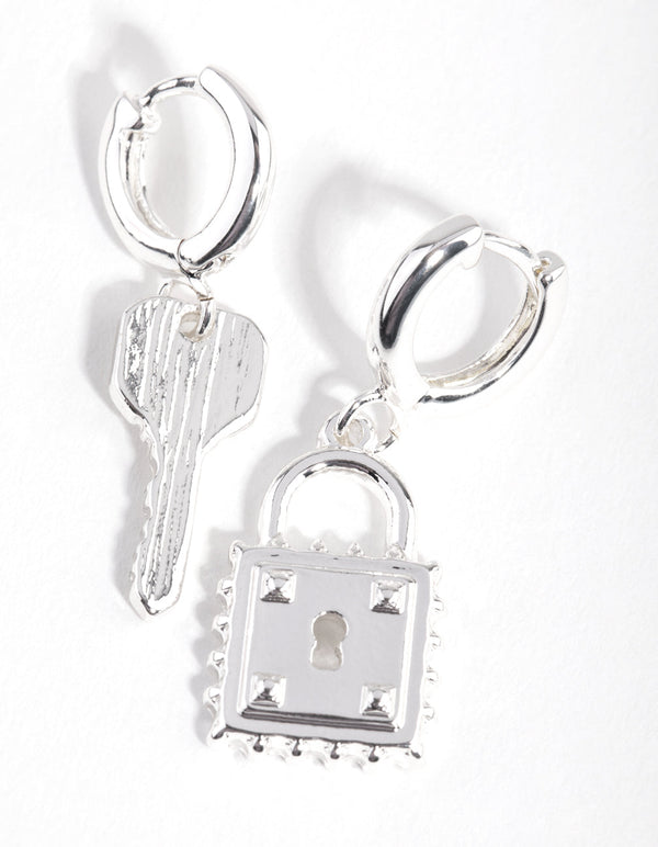 Silver Lock and Key Huggie Earrings