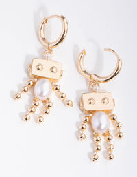 Gold Pearl Robot Huggie Earrings - link has visual effect only