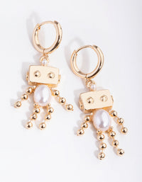 Gold Pearl Robot Huggie Earrings - link has visual effect only