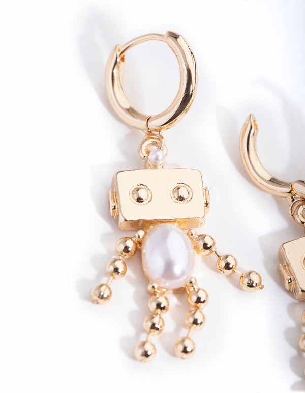 Gold Pearl Robot Huggie Earrings