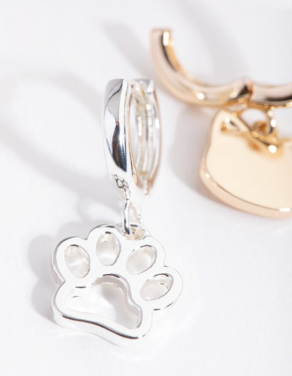 Mixed Metal Cat and Paw Huggie Earrings