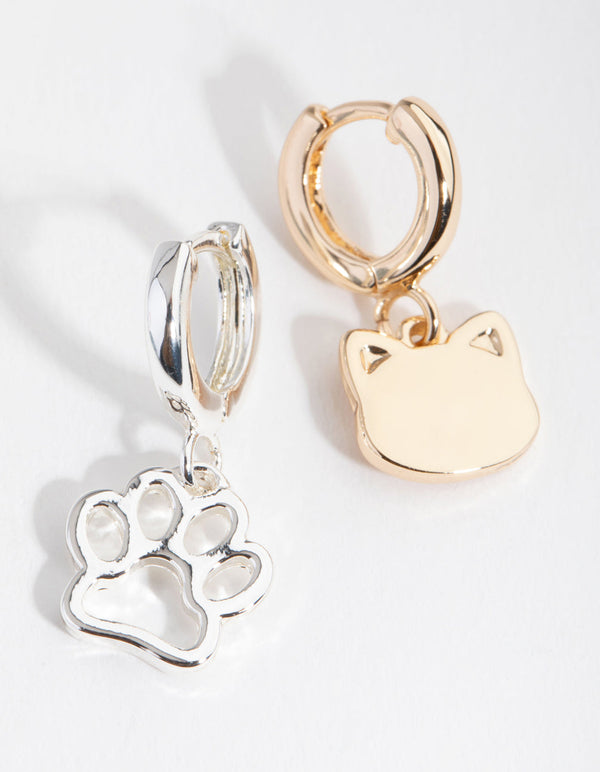 Mixed Metal Cat and Paw Huggie Earrings