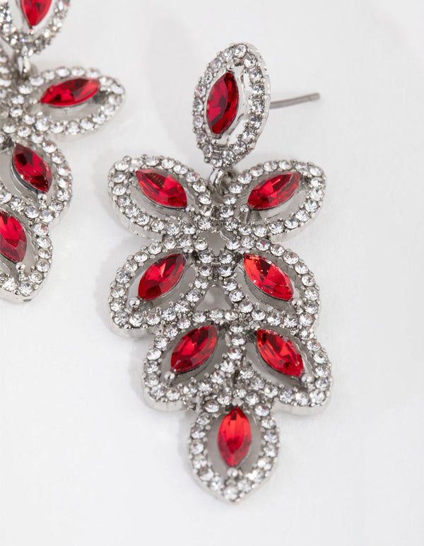 Rhodium Flower Cut Out Diamante Drop Earrings