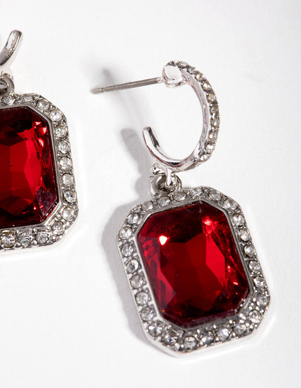 Rhodium Ruby Huggie Earrings