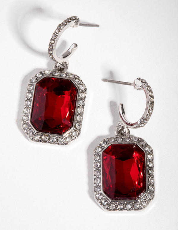 Rhodium Ruby Huggie Earrings