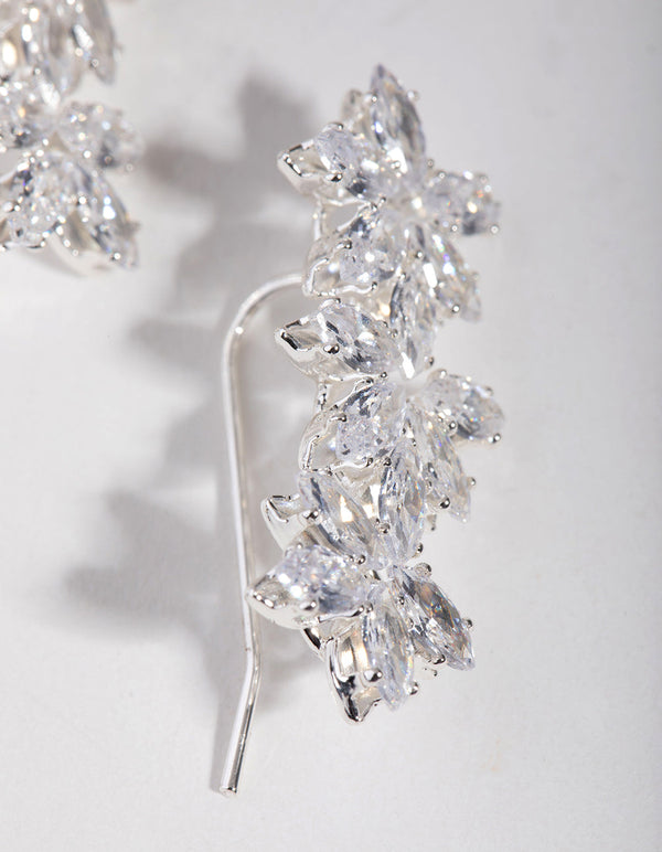 Silver Cubic Zirconia Flower Crawler Earrings