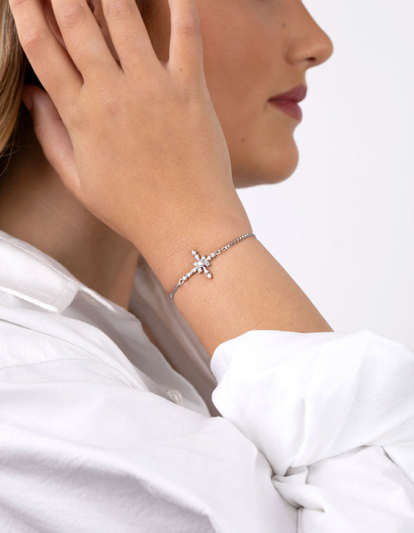 Rhodium Cubic Zirconia Decorated Cross Toggle Bracelet