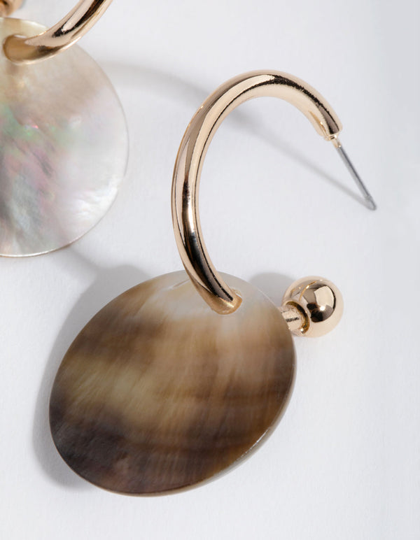 Gold Shell Disc on Hoop Earrings
