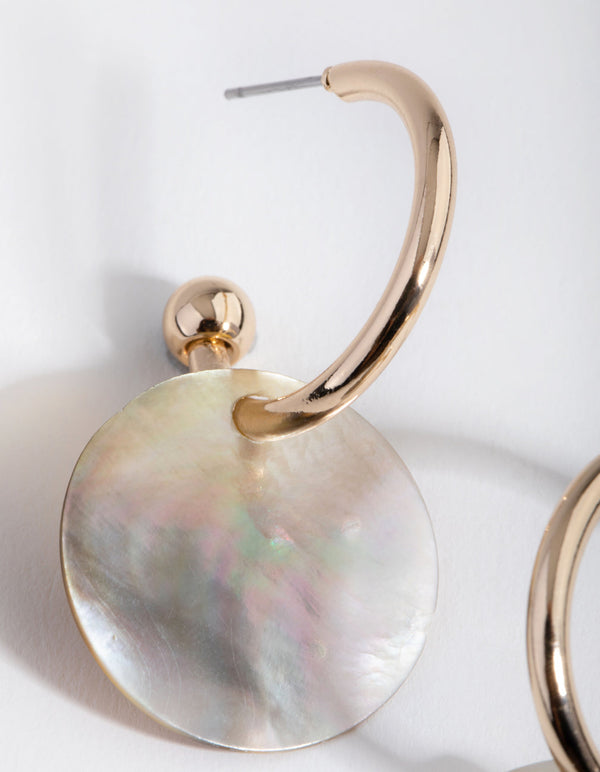 Gold Shell Disc on Hoop Earrings