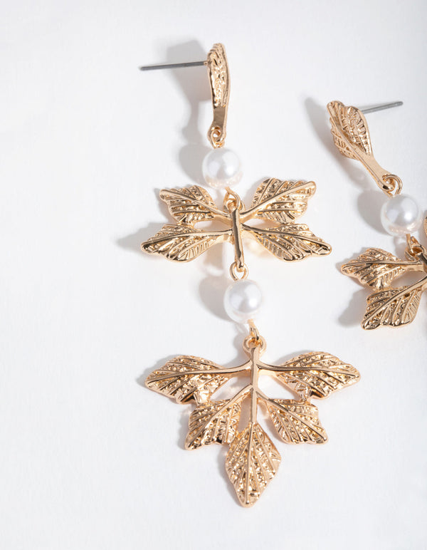 Gold Pearl Foil Leaf Drop Earrings