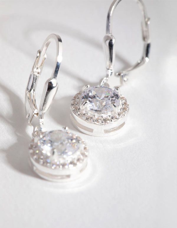 Sterling Silver Cubic Zirconia Round Halo Huggie Earrings