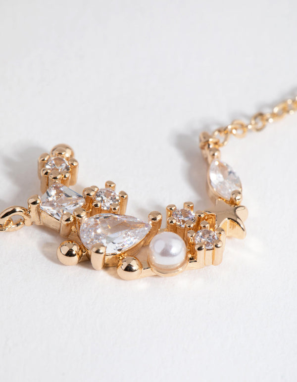 Gold Cubic Zirconia Mixed Stone Moon Necklace