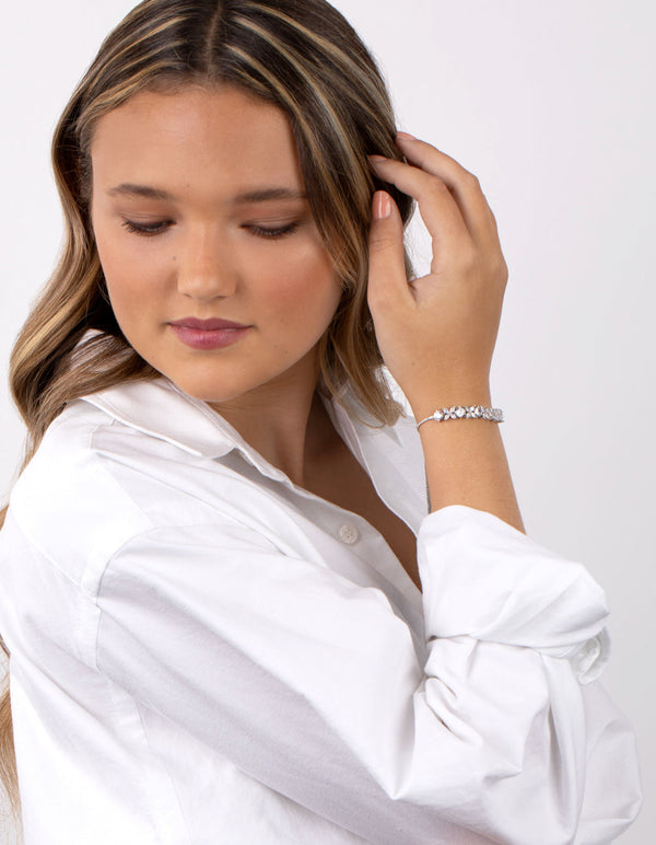 Rhodium Cubic Zirconia Navette Flower Toggle Bracelet