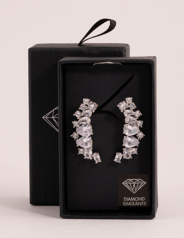 Rhodium Diamond Simulant Statement Ear Crawler Earrings