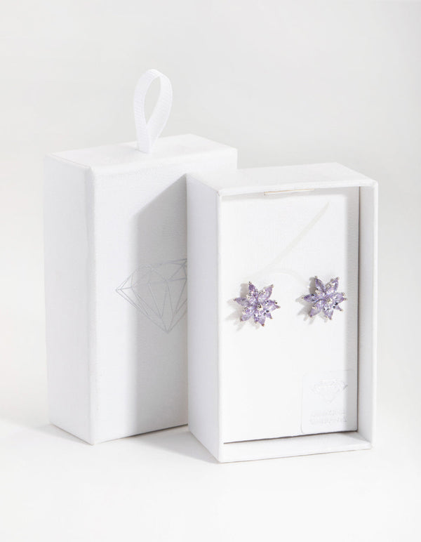 Rhodium Diamond Simulant Flower Stud Earrings