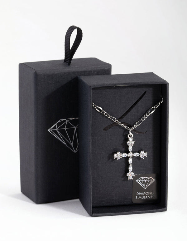 Rhodium Diamond Simulant Decorated Cross Necklace