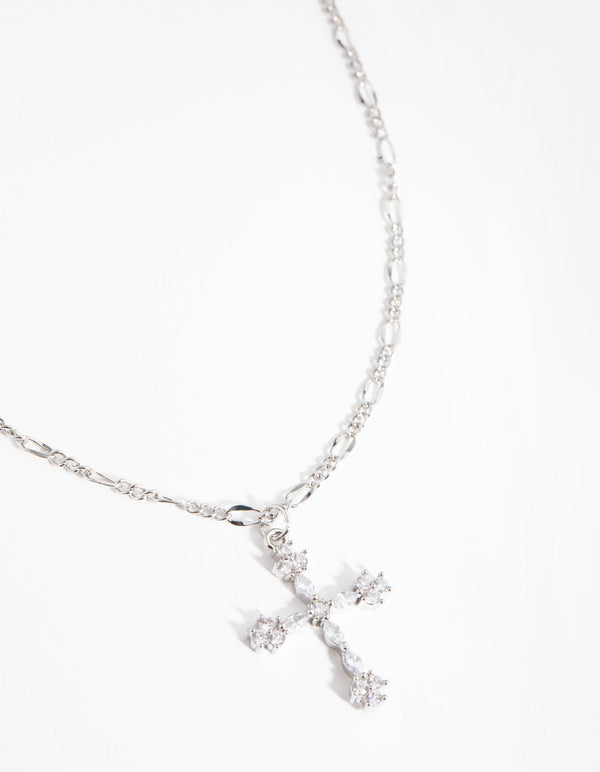 Rhodium Diamond Simulant Decorated Cross Necklace