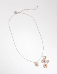 Rhodium Diamond Simulant Double Teardrop Necklace and Earrings Set - link has visual effect only