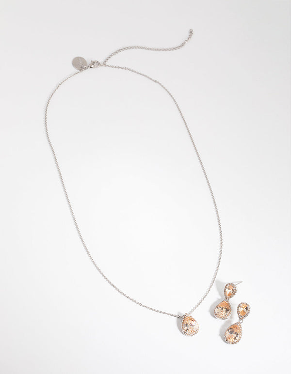 Rhodium Diamond Simulant Double Teardrop Necklace and Earrings Set