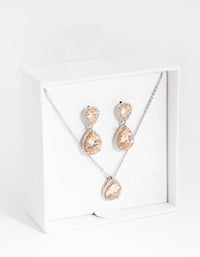 Rhodium Diamond Simulant Double Teardrop Necklace and Earrings Set - link has visual effect only