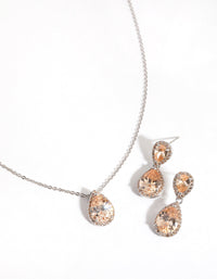 Rhodium Diamond Simulant Double Teardrop Necklace and Earrings Set - link has visual effect only