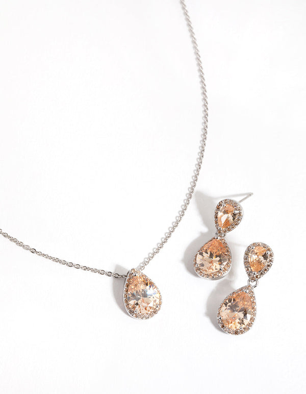 Rhodium Diamond Simulant Double Teardrop Necklace and Earrings Set